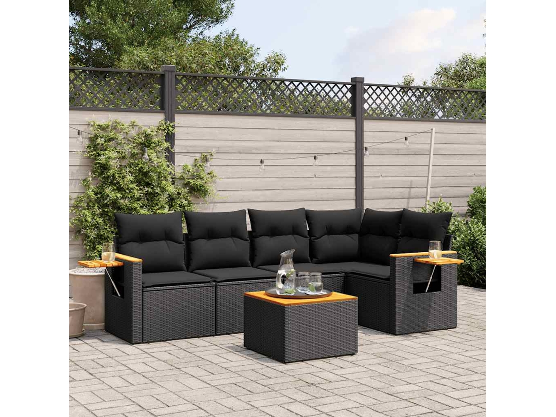 Vidaxl 6 Pcs Conjunto Sofás De Jardim C/ Almofadões Vime Pe Preto