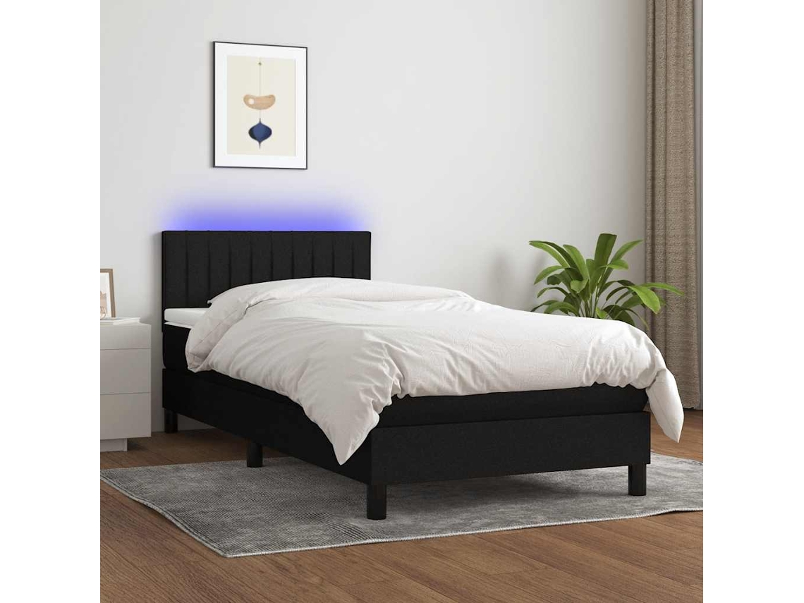 Vidaxl Cama Box Spring C/ Colchão E Led 90x200 Cm Tecido Preto