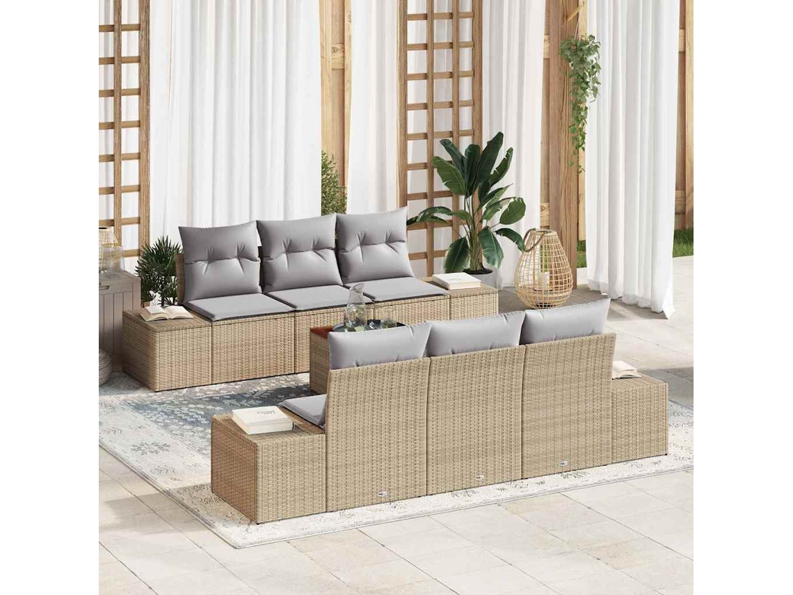 Vidaxl Conjunto de Sofá de Jardim com Almofada 7 Pcs Bege Vime Pe