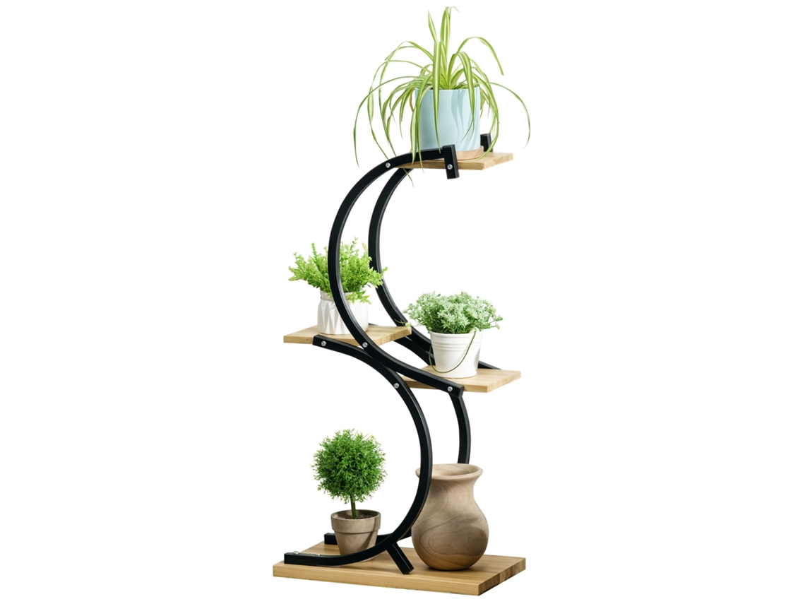 Suporte Para Plantas Com 4 Prateleiras, Madeira Maciça, Resistente Às Intempéries, 46 Cm X 25 Cm X 91 Cm, Preto + Natural Zs