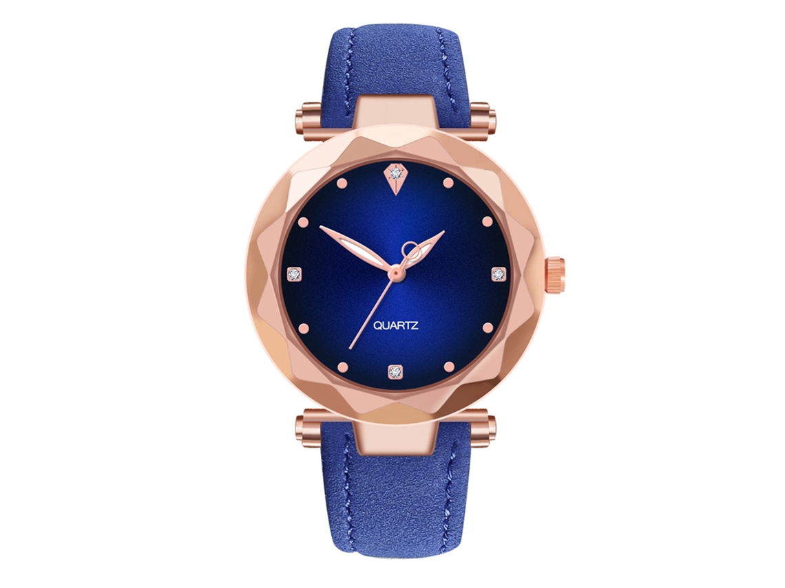 Relógio de pulso feminino simples com pulseira de couro PU e movimento de quartzo (azul)