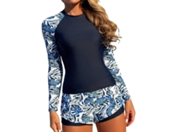 Maiô Feminino SFUSHOS de duas peças, tankini manga comprida com shorts, estampa floral