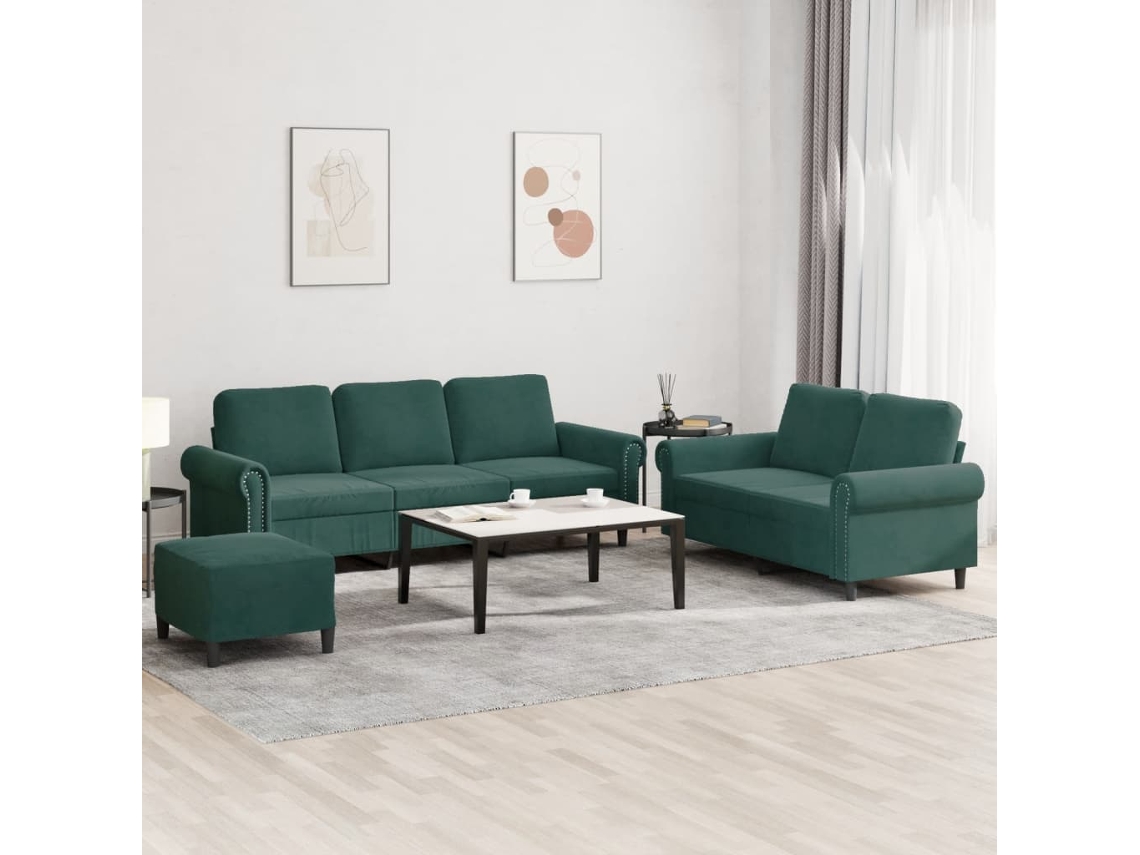 Vidaxl 3 Pcs Conjunto De Sofás Com Almofadões Veludo Verde-escuro