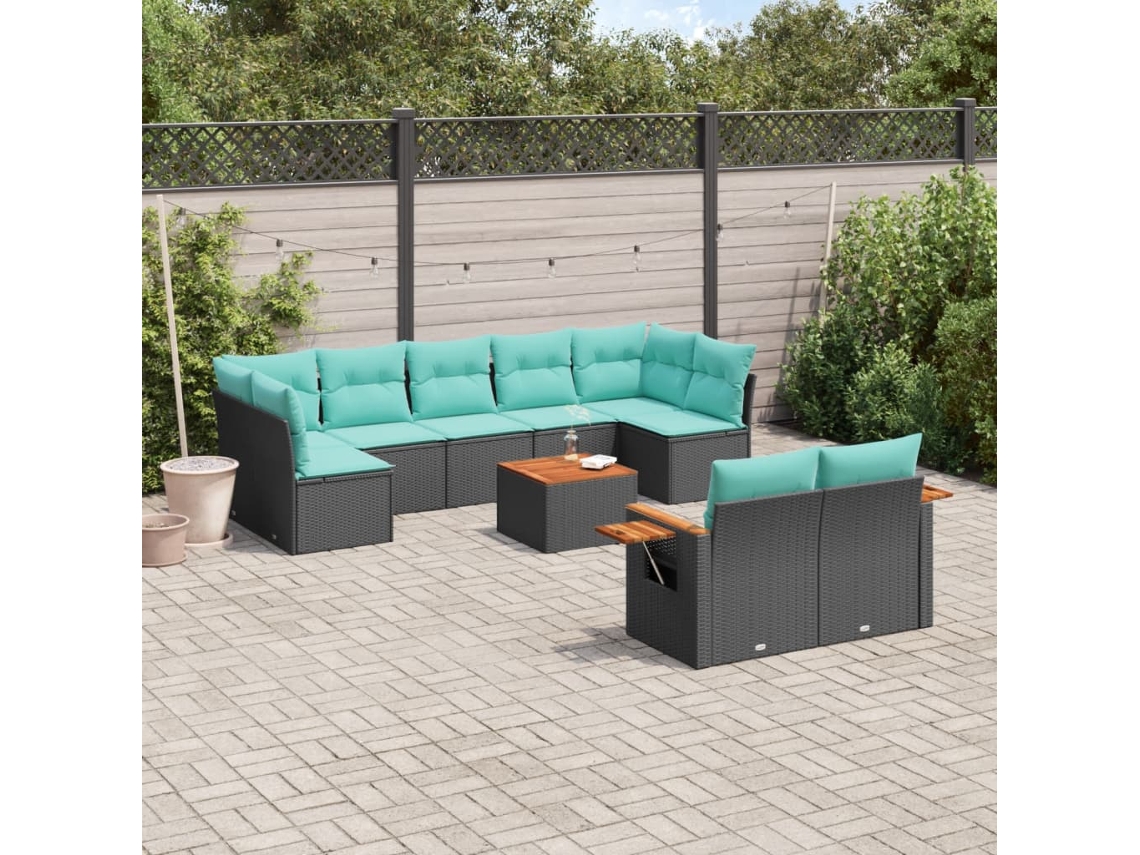 Vidaxl 10 Pcs Conjunto De Sofás P/ Jardim C/ Almofadões Vime Pe Preto