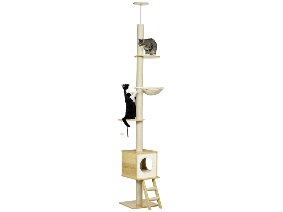 Árvore Para Gatos, Alta Até O Teto, Casinha Para Gatos, Duas Plataformas, Rede, Dispositivo Anti-tombamento, Marrom Claro + Bege, 40 X 40 X 260 Cm