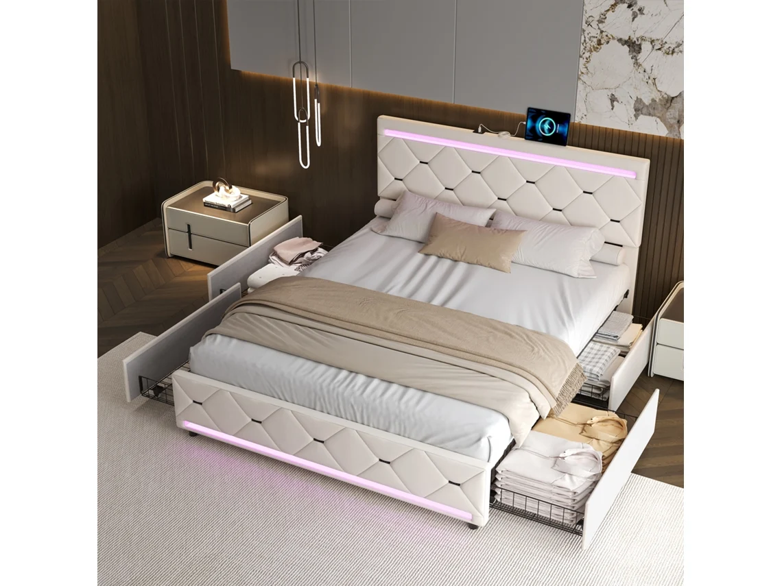 Cama com Arrumação 160x200 Cm em Veludo Branco Off white, 4 Gavetas, Luz Led Multicolor, Porta Usb, SIMURQ
