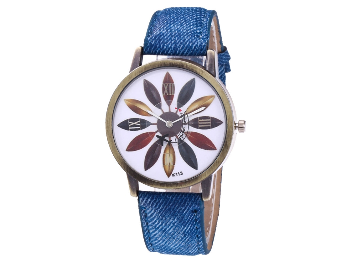 Relógio de pulso unissex Zhoulianfa Quartz, azul royal com estampa de folhas multicoloridas.