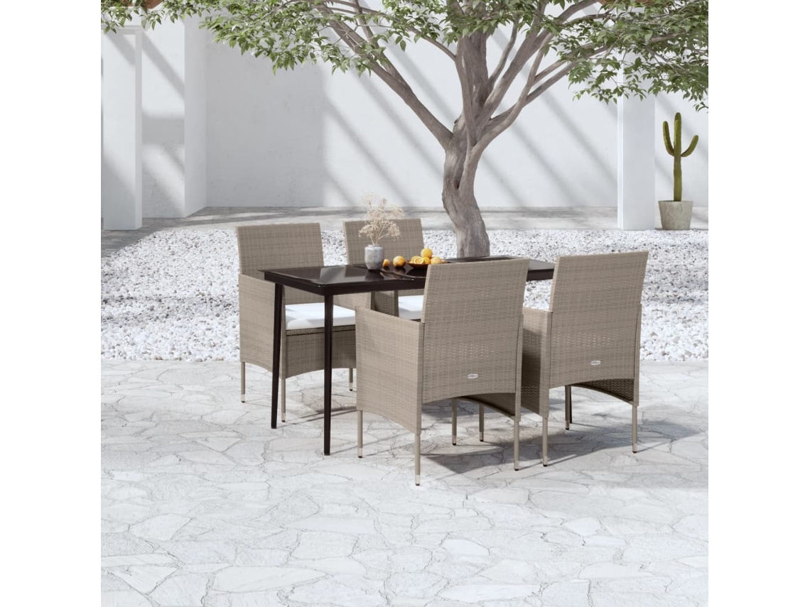 Vidaxl 5 Pcs Conjunto De Jantar P/ Jardim C/ Almofadões Bege E Preto