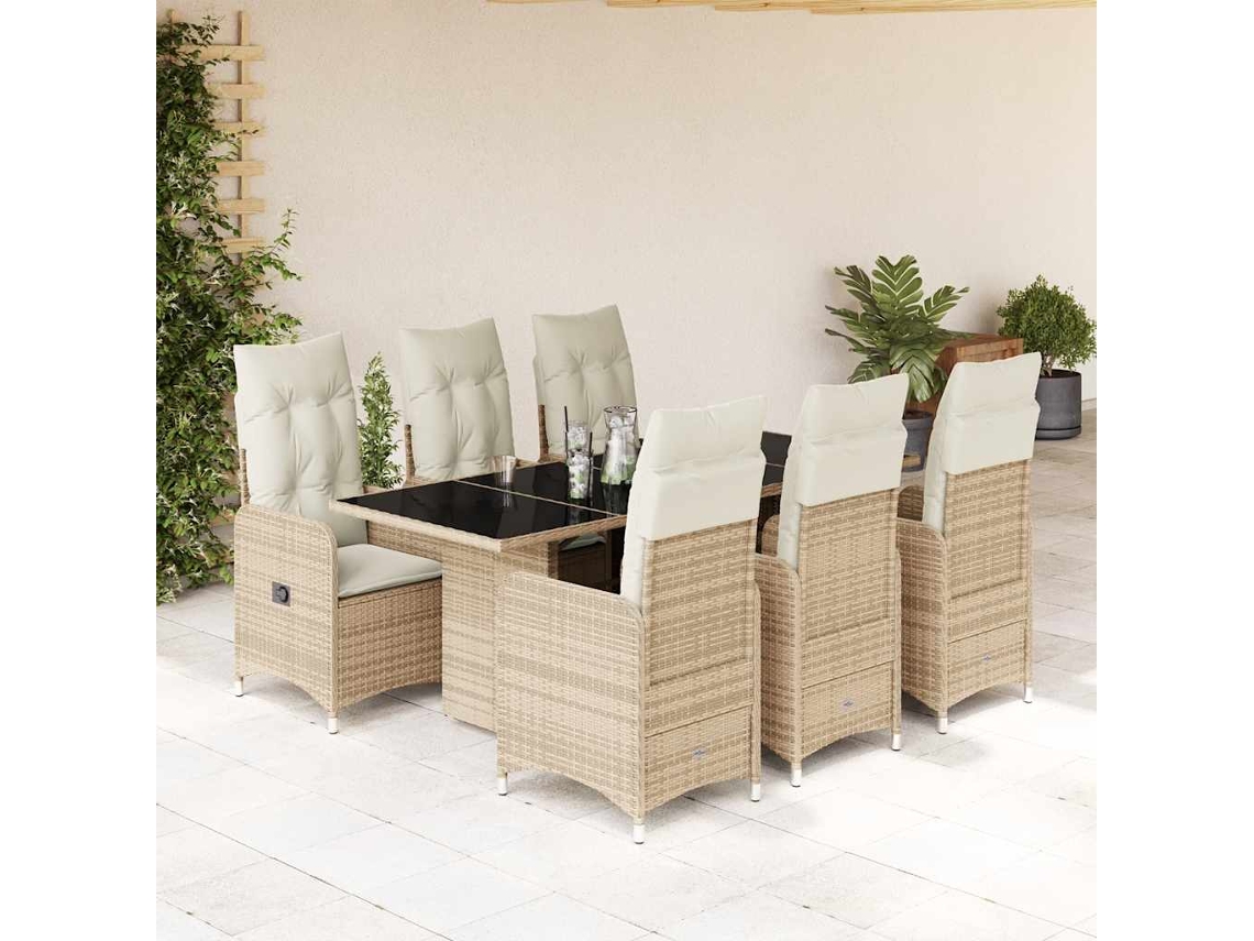 Conjunto 7 Peças Bistrô Para Jardim C/ Almofadões Vime Pe Bege Dkd Home Decor