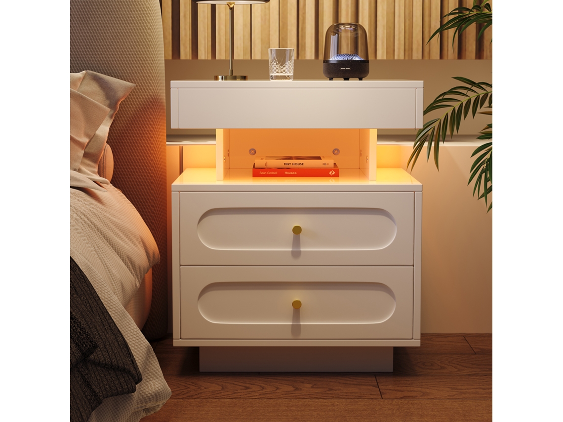 Mesa Cabeceira Led 2 Gavetas Compartimento Branca 50x40x60cm VELTRIX