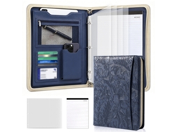 A4 Leather Zipper Portfolio Folder, Embossed Print, 3-ring Binder With Blue Cover, Includes A4 Sticky Notes 25-sheets