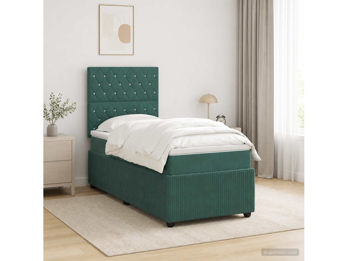 Vidaxl Cama Box Com Led E Colchão Verde-escuro 100 X 200 Cm Veludo