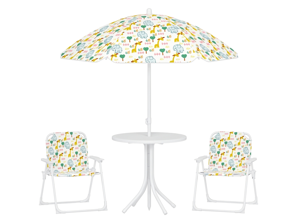 Conjunto de Móveis de Jardim Infantil com 4 Peças, Elefante e Girafa, Guarda-sol Ø 100 cm, CHEZMOI