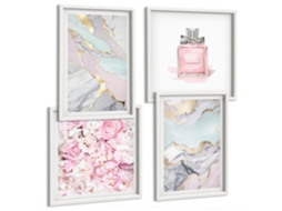 Galeria De Pinturas Murais Flores Rosa, Mármore, Tons Pastel Moldura Branca Quadros Para A Sala De Estar Espelharte (conjunto De 4 Imagens)