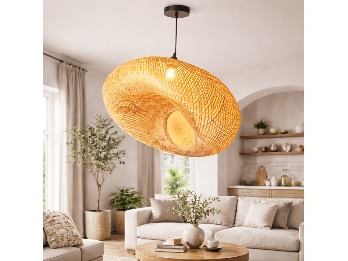Luminária Pendente Em Bambu E Vime Ø45 Cm E27 Preta Estilo Boho Artesanal Para Sala, Quarto Ou Sala De Jantar