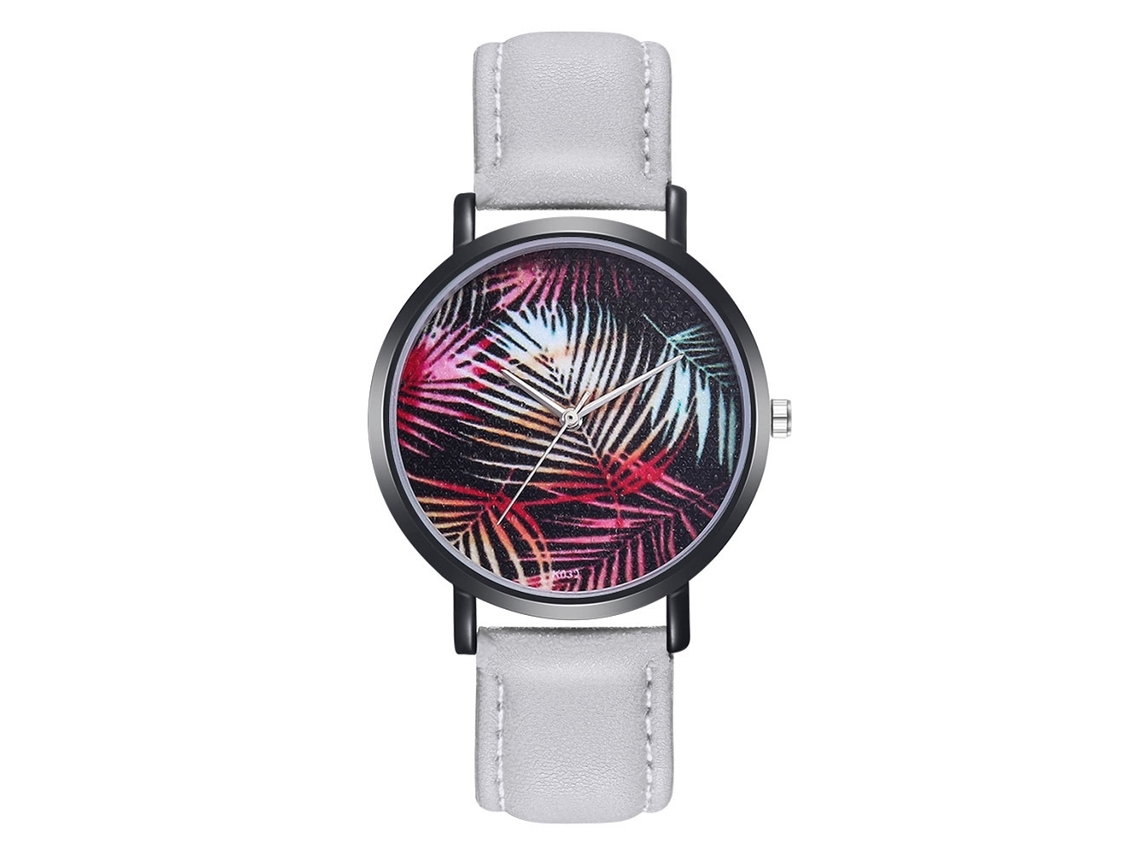 Relógio de Pulso Feminino com Padrão de Folhas Pulseira de Couro Pu Quartzo Cinza