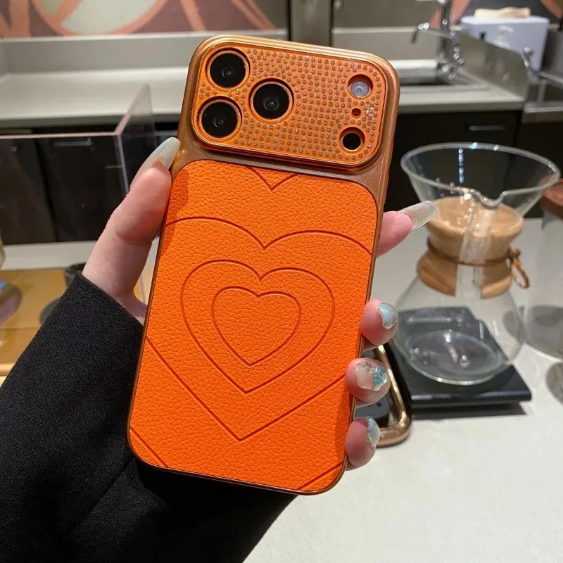 Capa Protetora Para Celular Com Câmera, Strass Brilhantes E Textura De Couro (iphone 14 Laranja).