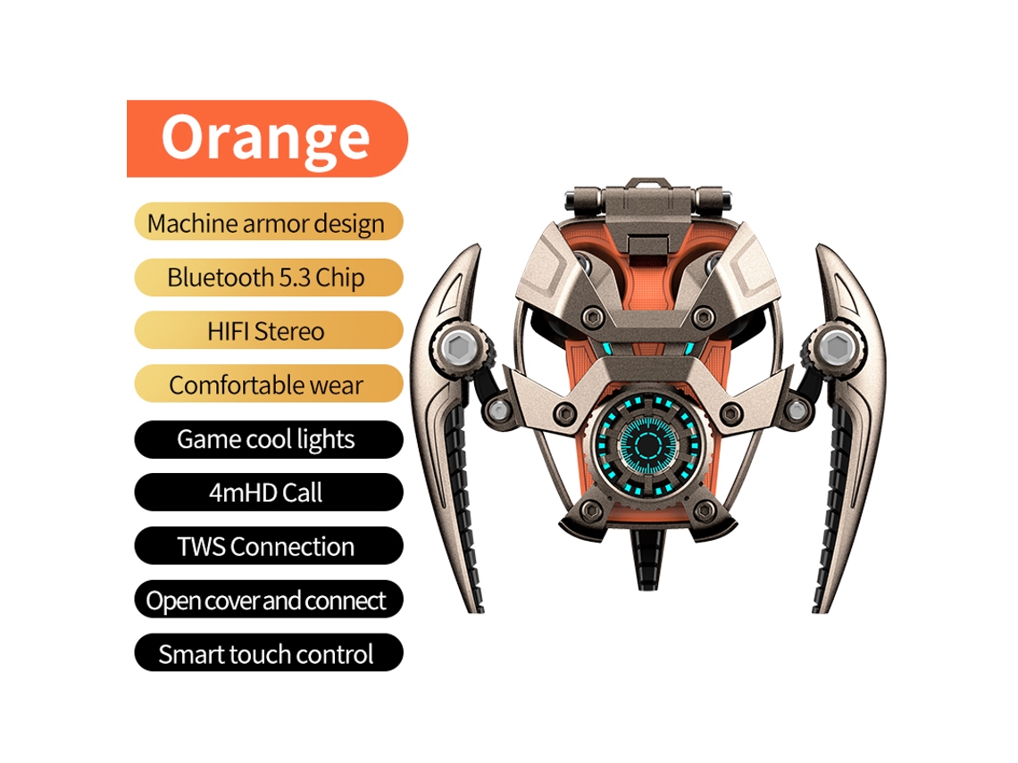 Fones de Ouvido Bluetooth Metal Armor com Cancelamento de Ruído Ativo, Graves Hifi e Som Surround. MDUG (laranja)