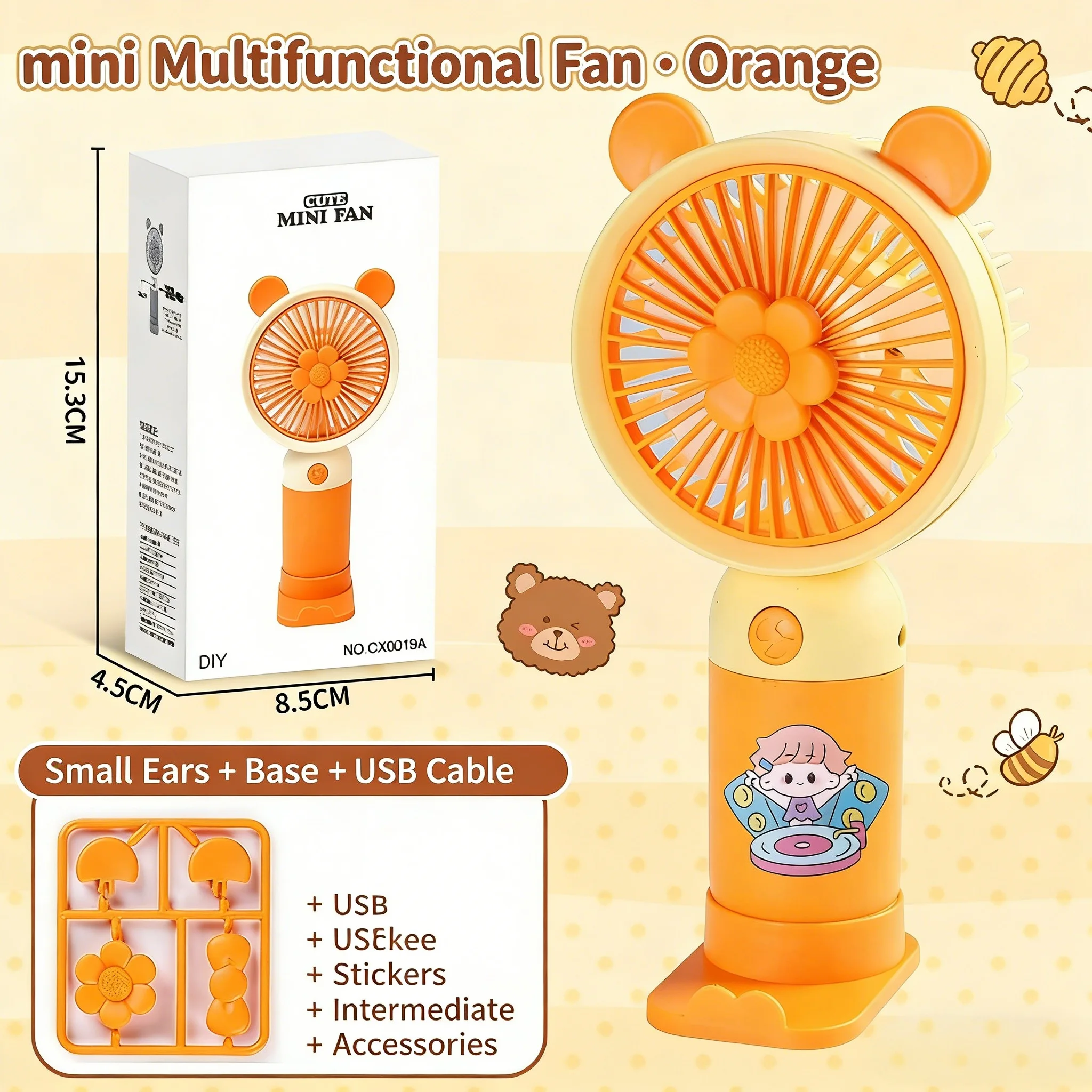 Mini Ventilador MDUG recarregável USB, laranja, com suporte para celular