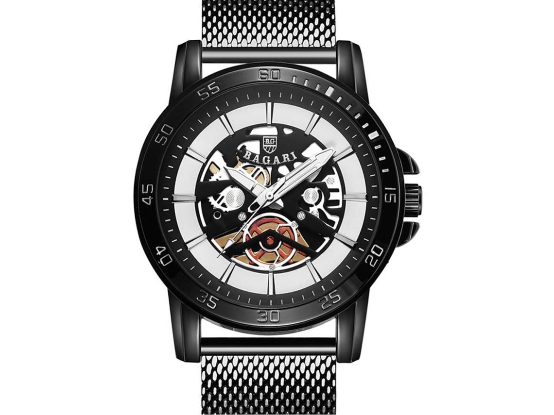 Relógio esportivo masculino Bagari, quartzo em aço inoxidável, pulseira de presente, preto