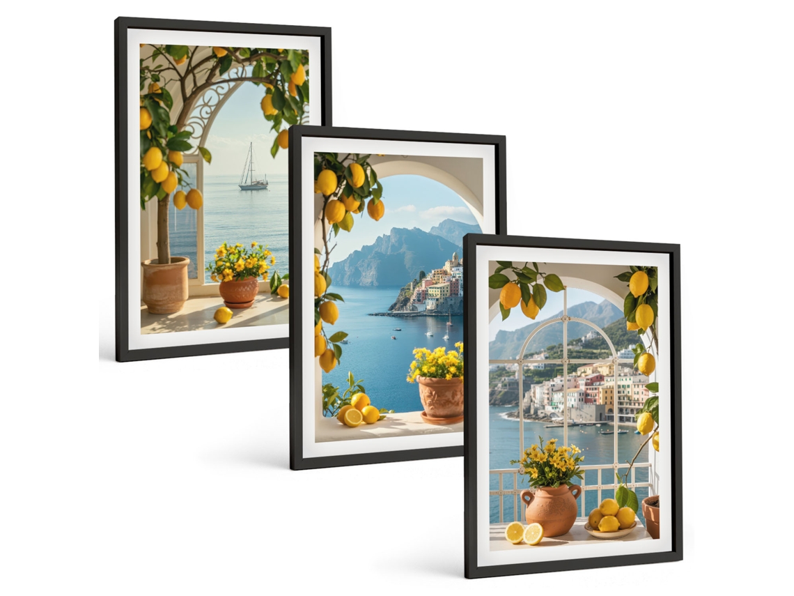 Quadros Decorativos Para Parede Cidade Litorânea, Limões E Flores Moldura Preta Imagens Para Um Quarto Infantil Espelharte (3 Piezas De 40x60 Cm)