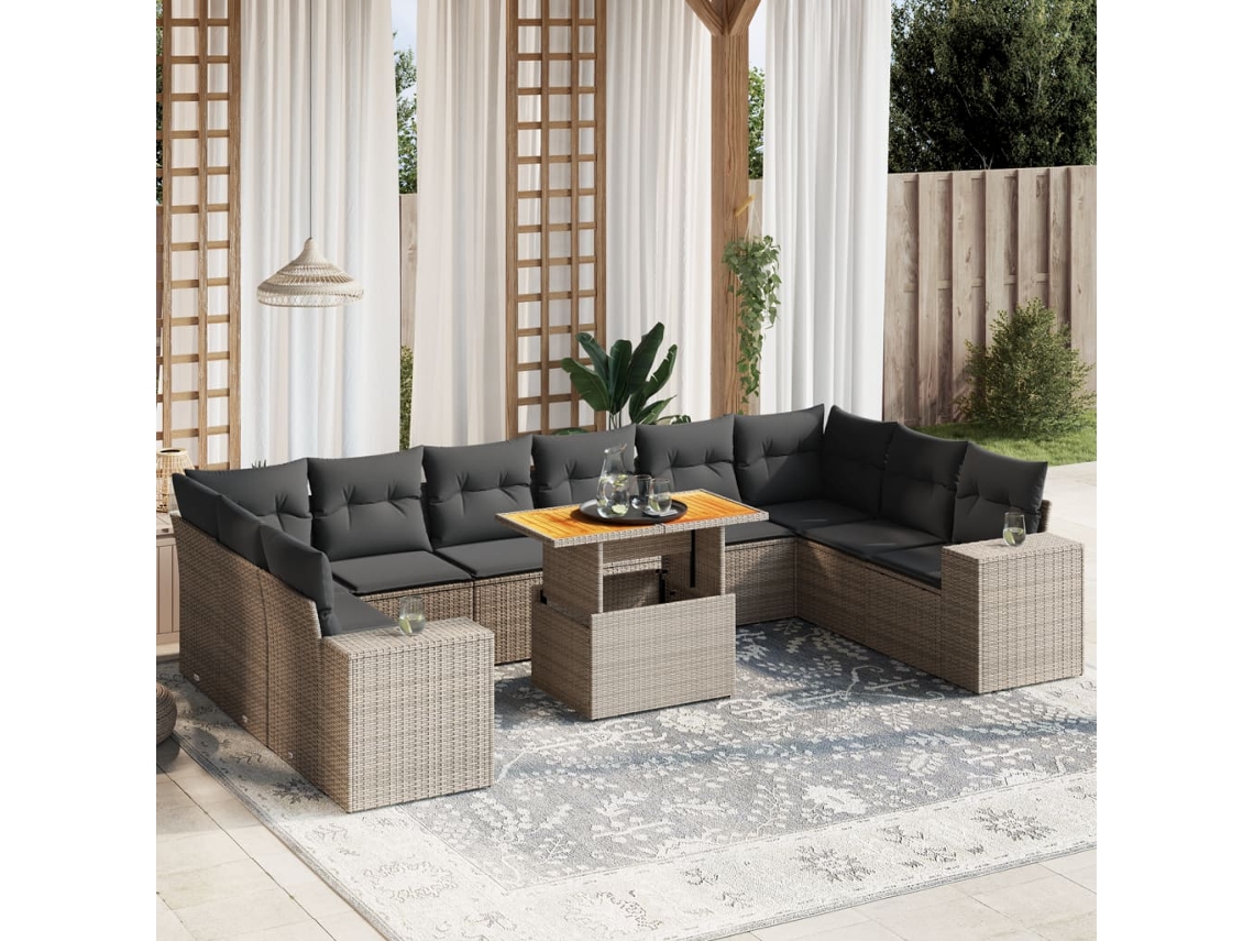 11 Pcs Conjunto Sofás De Jardim C/ Almofadões Vime Pe Cinza Dkd Home Decor
