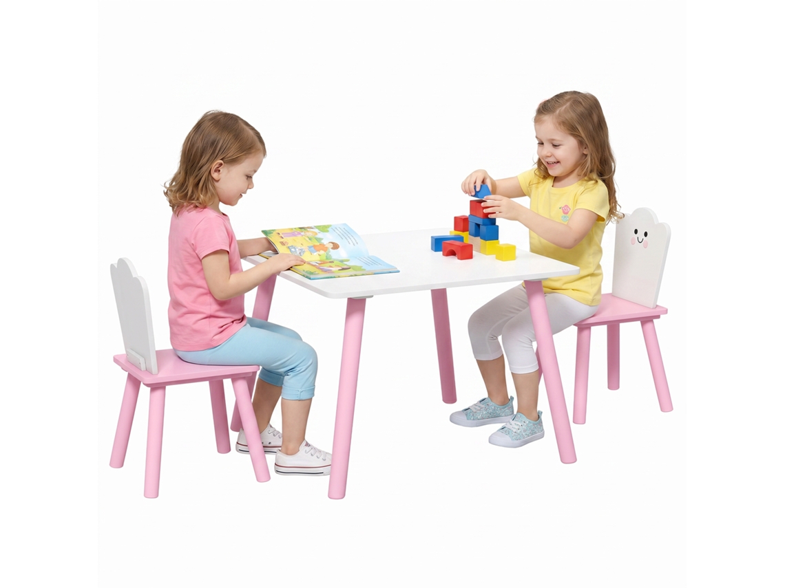Conjunto Mesa E Duas Cadeiras De Madeira Infantil Para Desenho, Brincadeira E Estudo, Cor Rosa