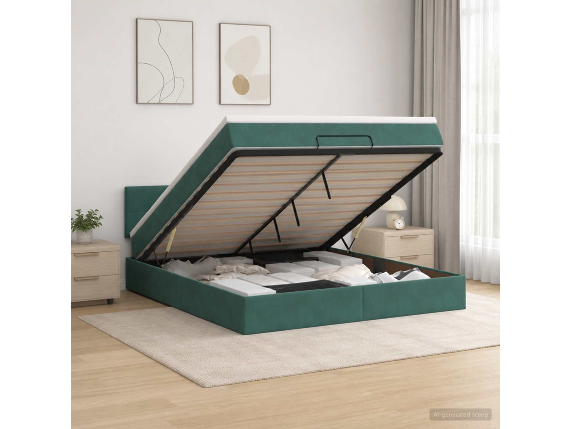 Vidaxl Cama Ottoman Com Colchão E Led Verde-escuro 140 X 200 Cm Veludo