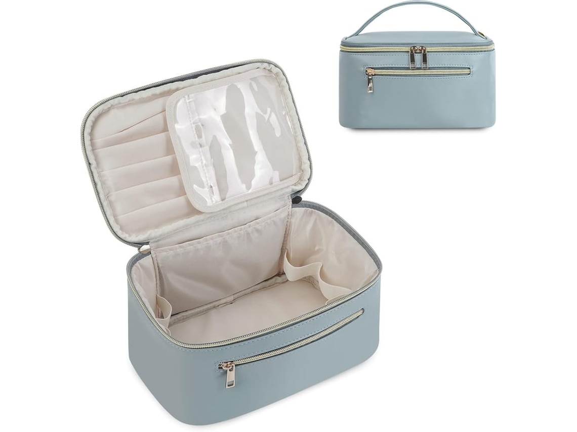 Bolsa De Maquiagem Com Compartimento Para Pinceis, Grande, Couro Vegano Com Alça, Azul Azul
