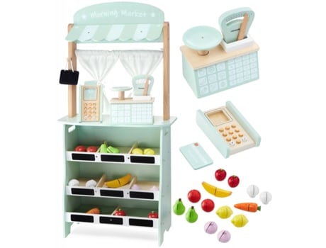 Mercado Infantil E Teatro De Madeira 974824 Cm 2in1 Grande Estande De Vendedor Terminal, Balança De Frutas E Vegetais Mamabrum