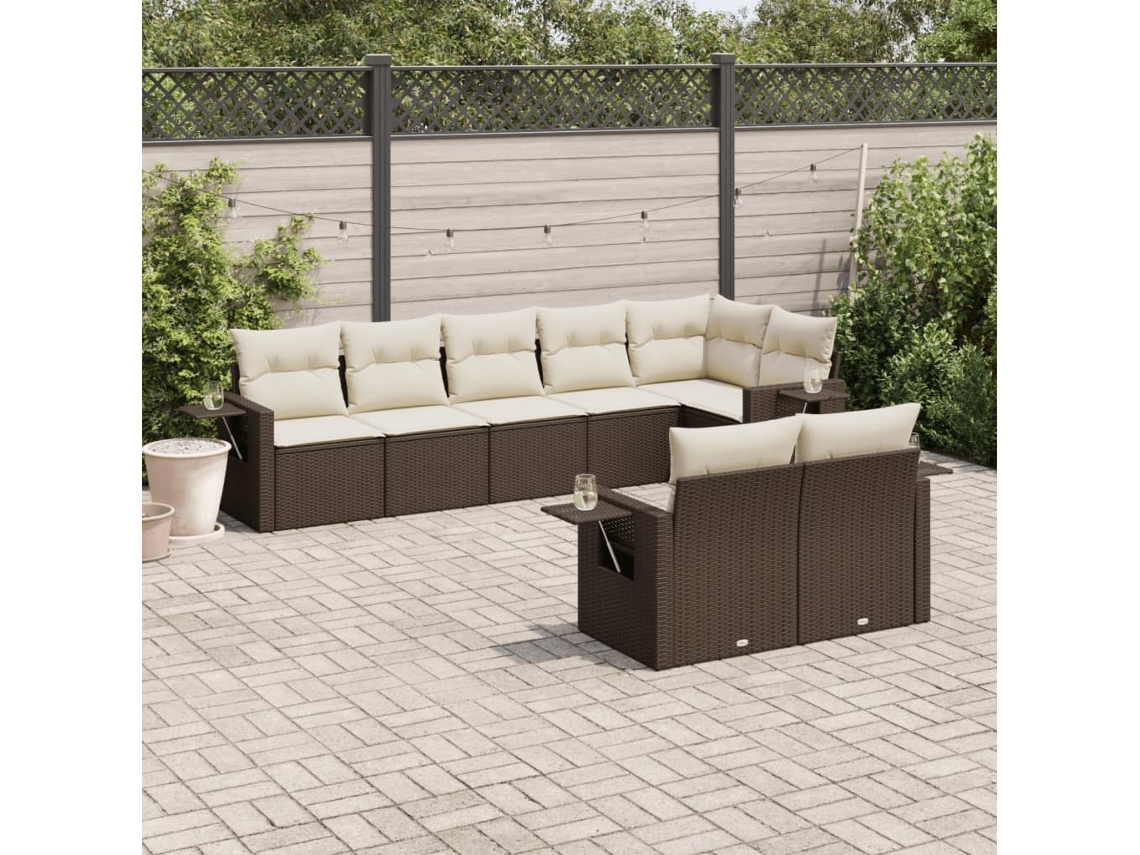 Vidaxl 8 Pcs Conjunto Sofás De Jardim C/ Almofadões Vime Pe Castanho