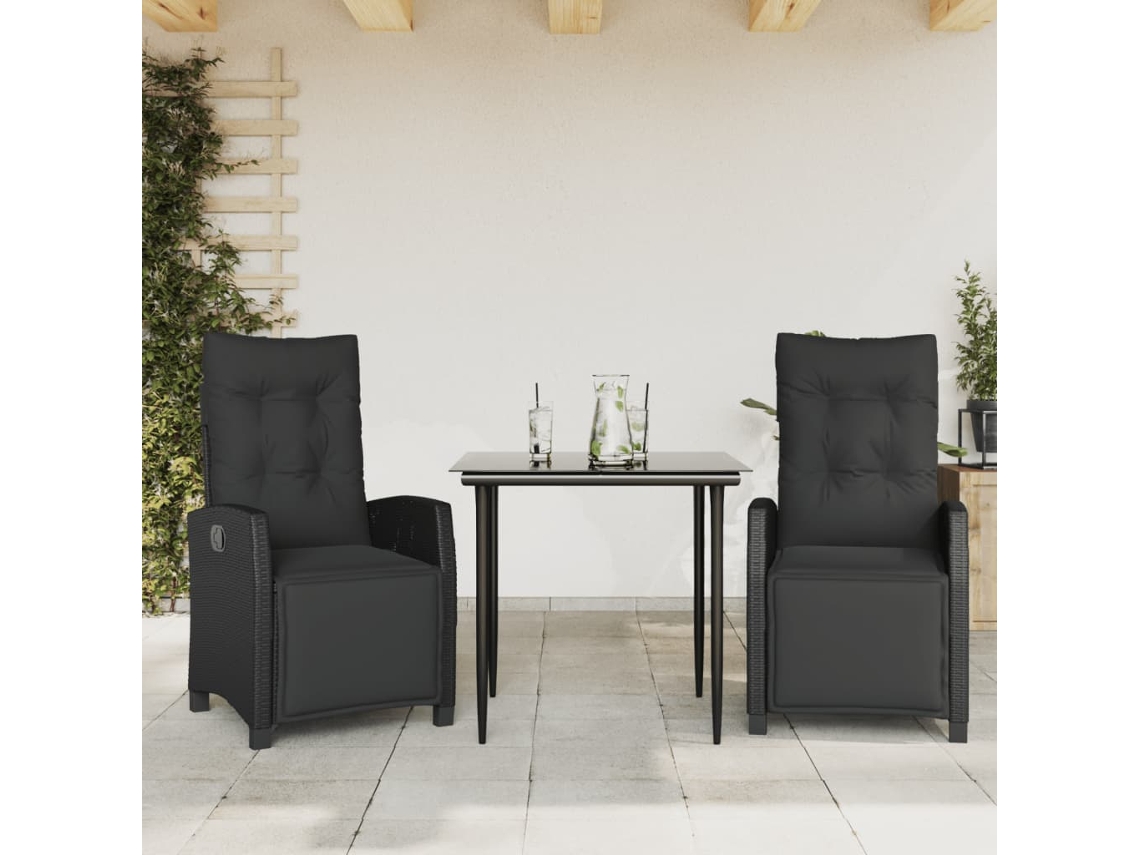 Conjunto 3 Peças Jantar P/ Jardim C/ Almofadões Vime Pe Preto Dkd Home Decor