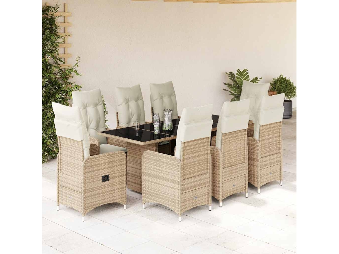 Vidaxl 9 Pcs Conjunto De Bistrô Para Jardim C/ Almofadões Vime Pe Bege