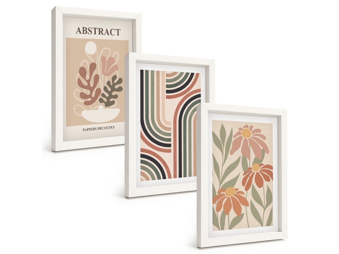 Conjunto De Pinturas Plantas Abstratas Em Tons Pastel Moldura Branca Quadros Para A Sala De Estar Espelharte (3 Peças 20x30 Cm)