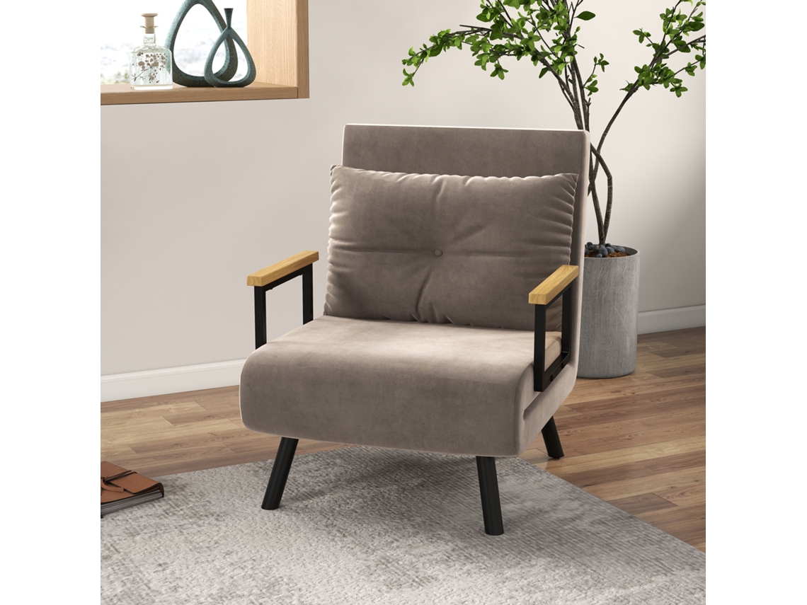 Fauteuil Conversível 4 em 1 Cama 1 Lugar Encosto 5 Posições, Apoios de Braço em Madeira e Almofada, Tecido Efeito Veludo, Castanho