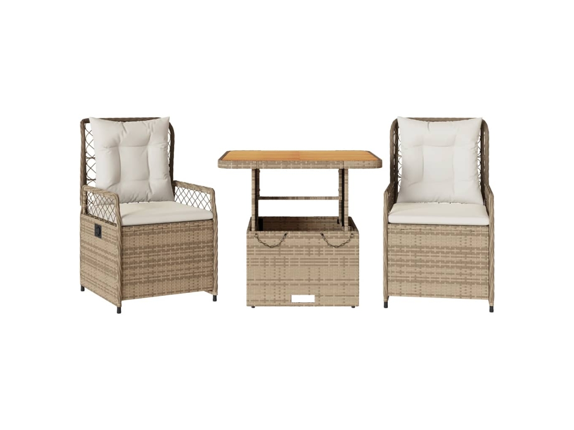 Conjunto 3 de jantar p/ jardim com almofadões VIDAXL vime PE bege
