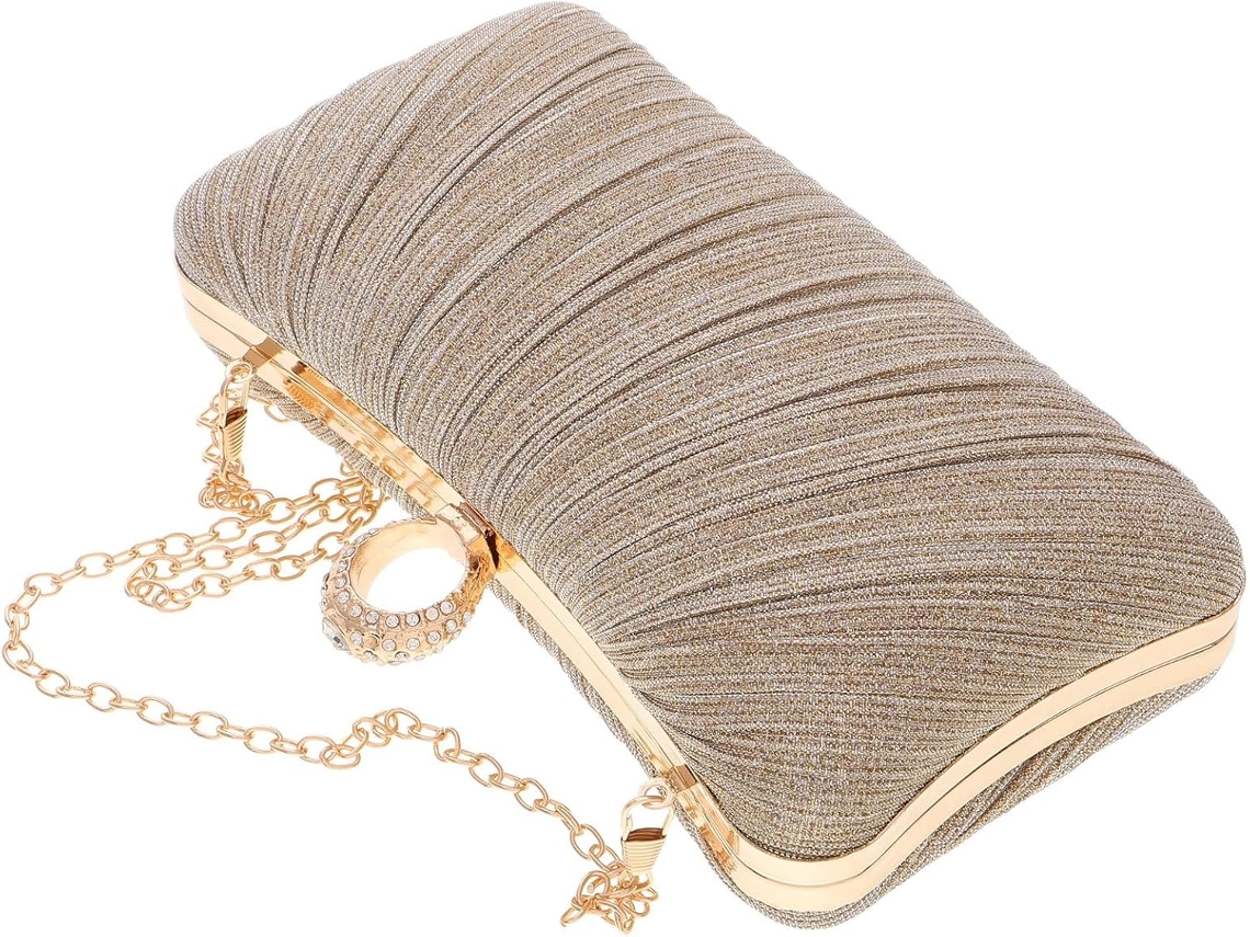 Bolsa De Noite Feminina Ciieeo Elegante Em Cetim Dourado Plissado, Modelo Clutch Com Lantejoulas.