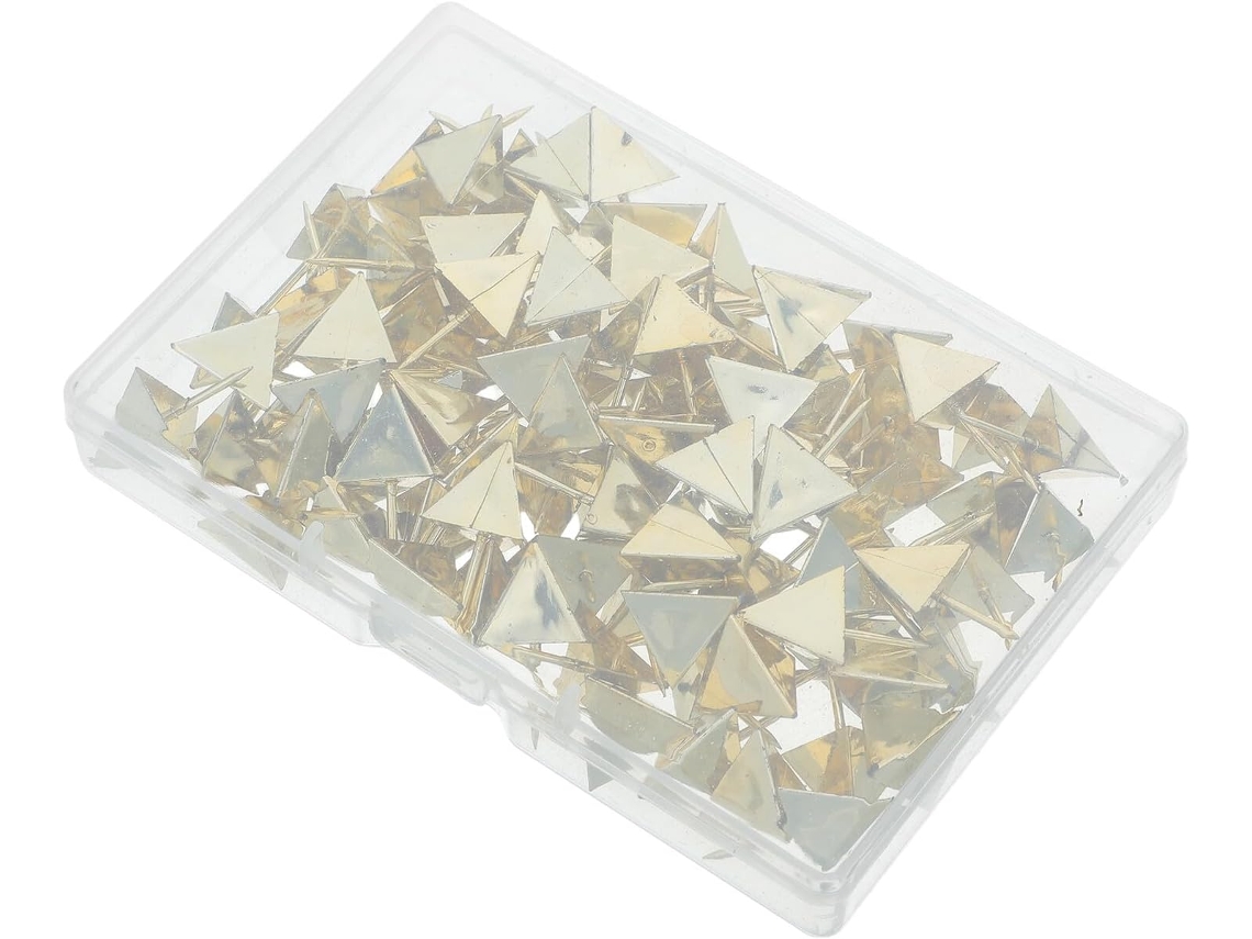 Conjunto de 100 clipes decorativos triangulares dourados para paredes e cartões, com aço e plástico, fixação