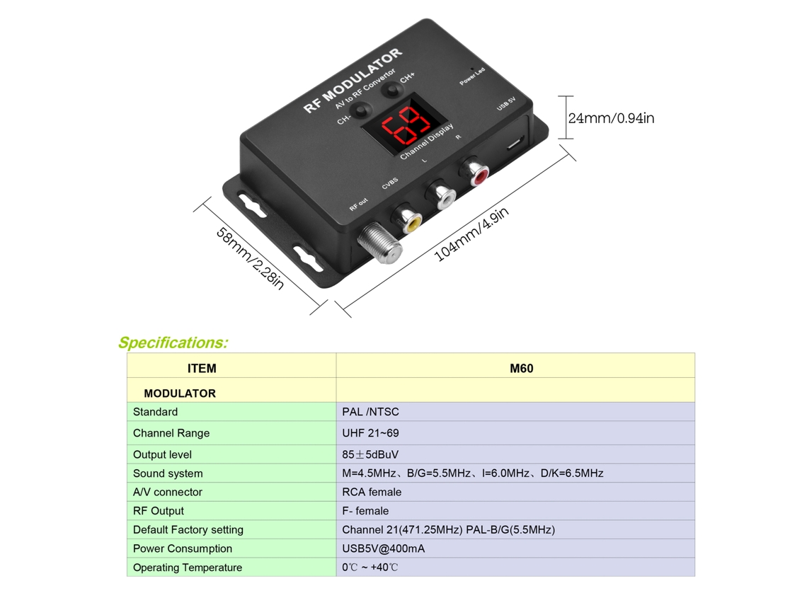 Modulador Rf M60 Conversor Av Para Rf Compatível Com Stb Dvd Formatos Pal/ntsc