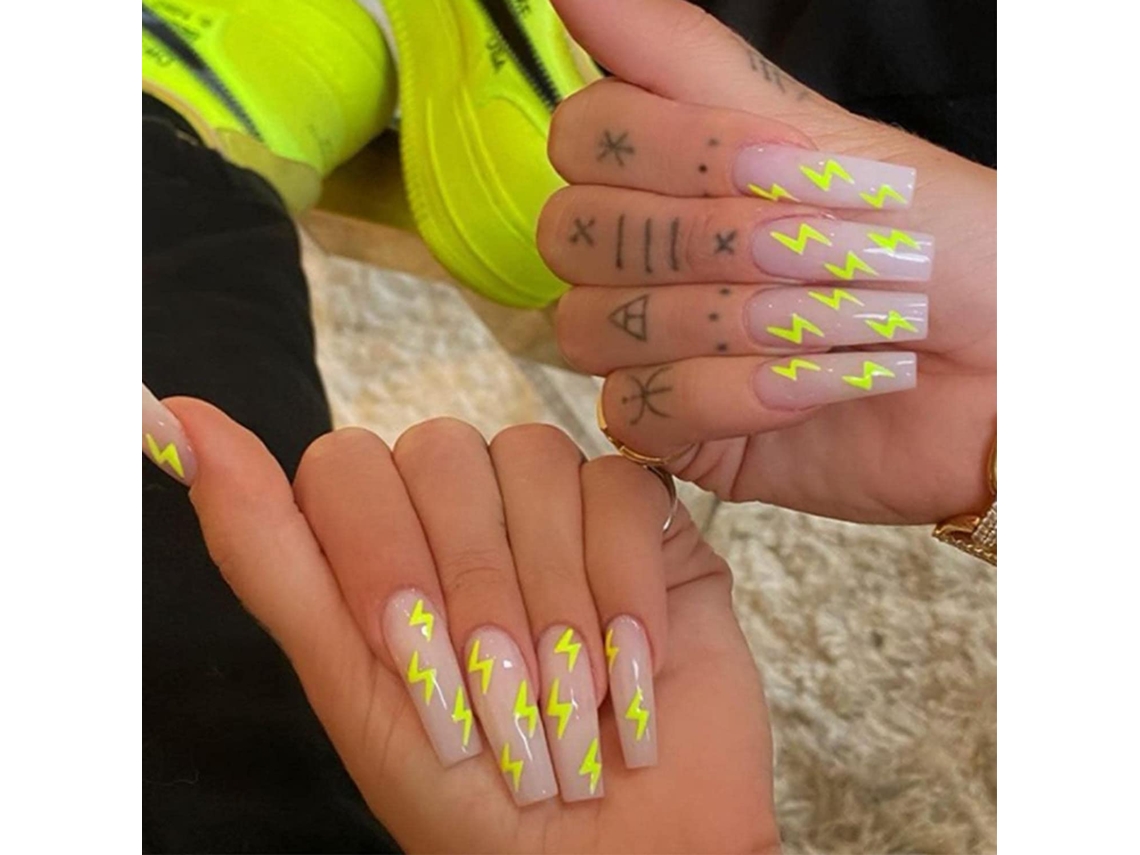 1 Peça de Tips para Unhas Modelo W035 em Amarelo Neon com Desenho de Raios Geléia Incluída