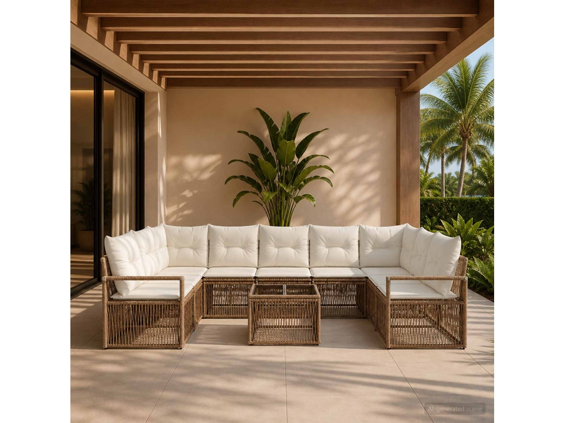 Vidaxl Conjunto De Sofá De Jardim 10 Unid. Bege Vime Pe