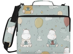 Mochila verde-clara macia com estampa de hipopótamo, fechamento em zíper com 3 argolas e alça superior para diversos arquivos escolares.