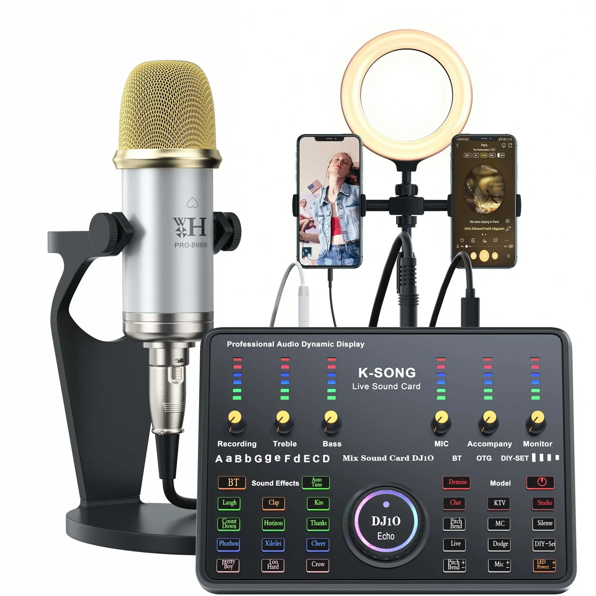 Kit de Placa de Som com Microfone Condensador de Estúdio. MDUG (redondo, Prateado e Dourado)