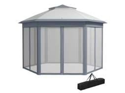 Tenda Dobrável 4x3,4 M De Jardim Hexagonal Com Duplo Tecto 6 Mosquiteiras Destacáveis E Saco De Transporte Cinzento
