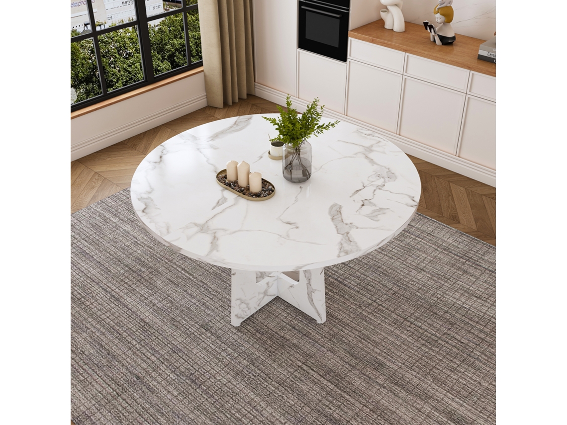 Mesa Redonda Modular Ø120cm Altura 76cm Mdf Folha Mármore Branco, Para 4 Pessoas Para Sua Casa