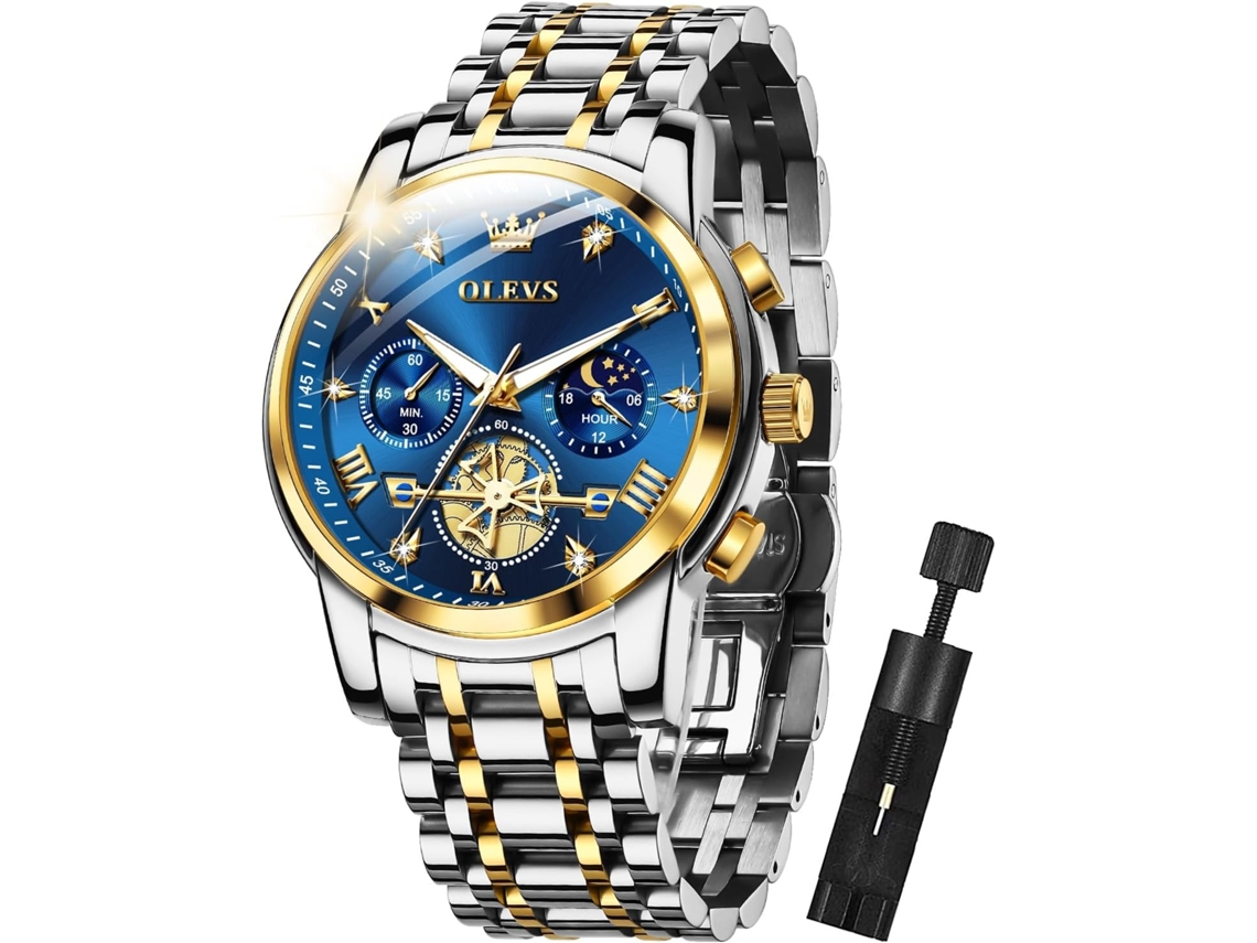 Lurelia Relógio Cronógrafo Masculino, Movimento De Quartzo, Luminoso, Detalhes Com Strass, Fase Da Lua, Azul
