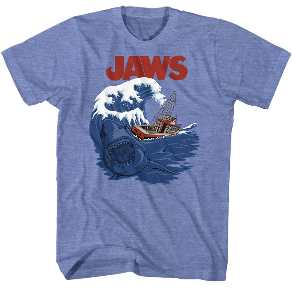 Unisex Adult T-shirt Rockinstone Jaws Movie Shark Swell Heather Light Blue Sizes
