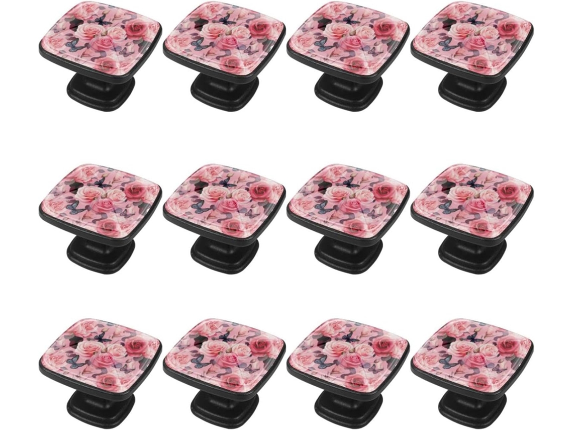Puxadores Quadrados Para Armários De Cozinha, Puxadores Para Armários E Gavetas, 12 Peças, Borboleta, Flor Rosa