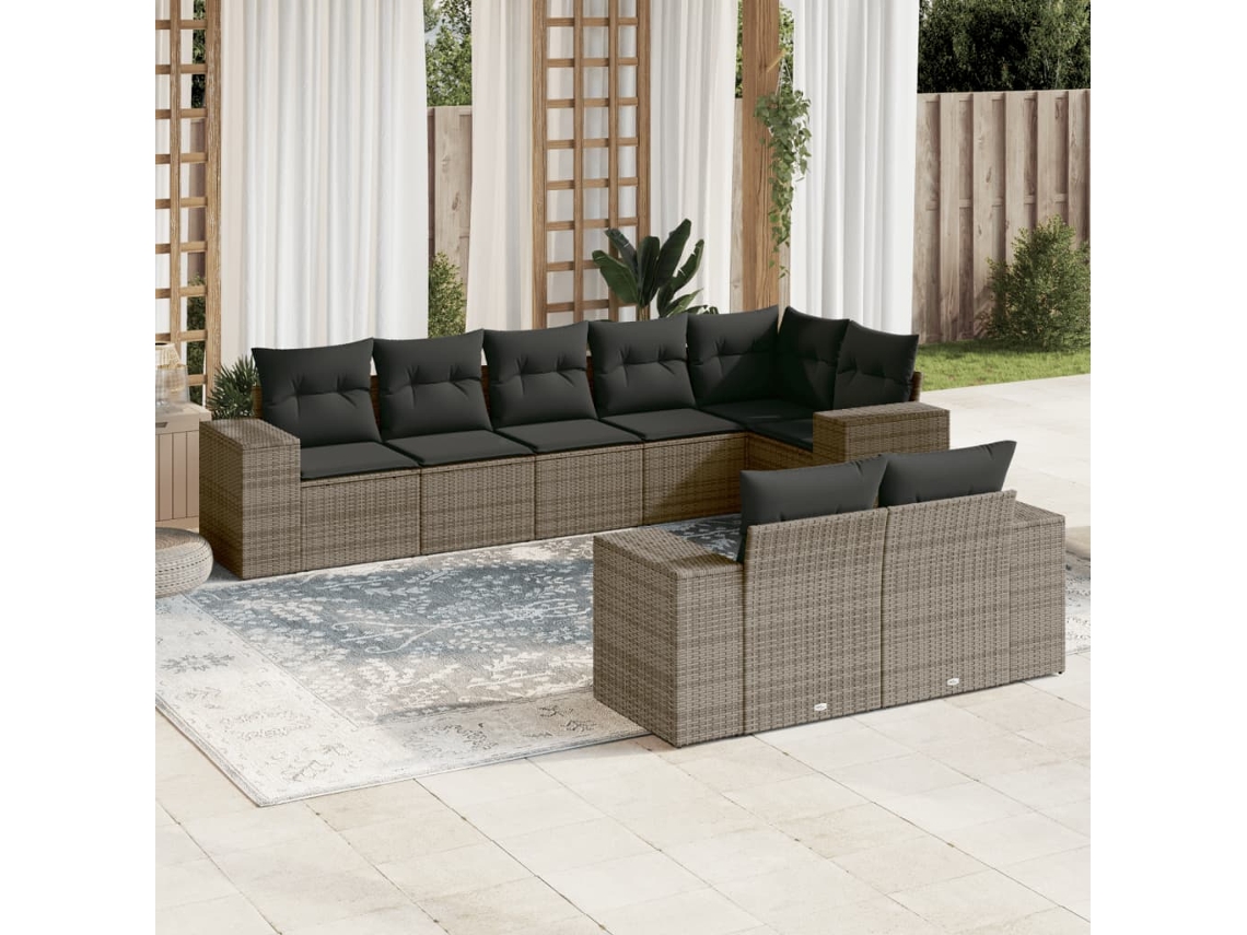 Vidaxl 8 Pcs Conjunto Sofás De Jardim C/ Almofadões Vime Pe Cinzento