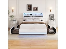 Cama 160x200 com Gavetas em Veludo Bege com Cabeceira com Usb, Arrumação e Iluminação Led SIMURQ